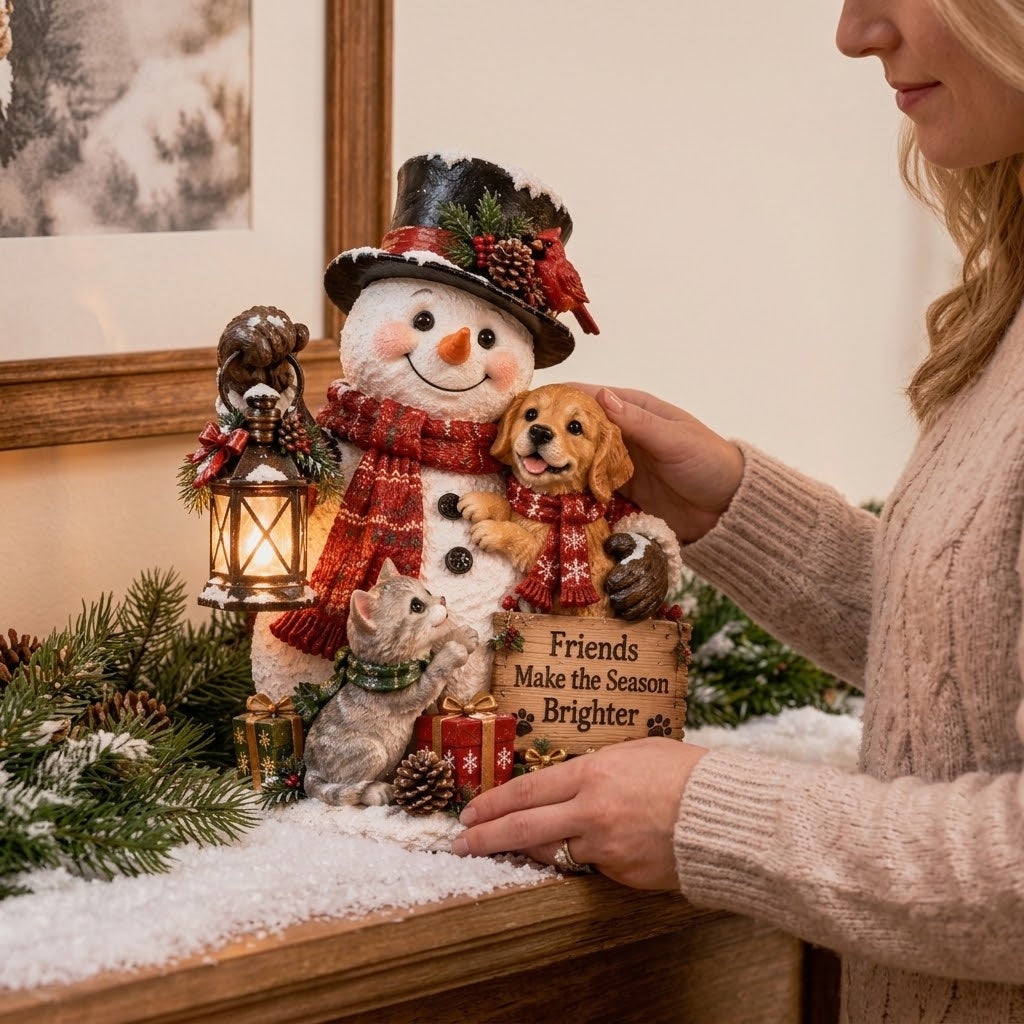 Snowman & Pets Festive Tabletop Figurine with Warm LED Lantern