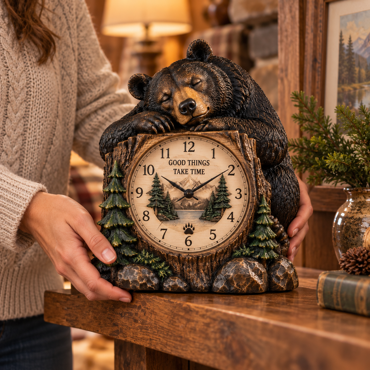 Woodland Bear Cabin Table Clock