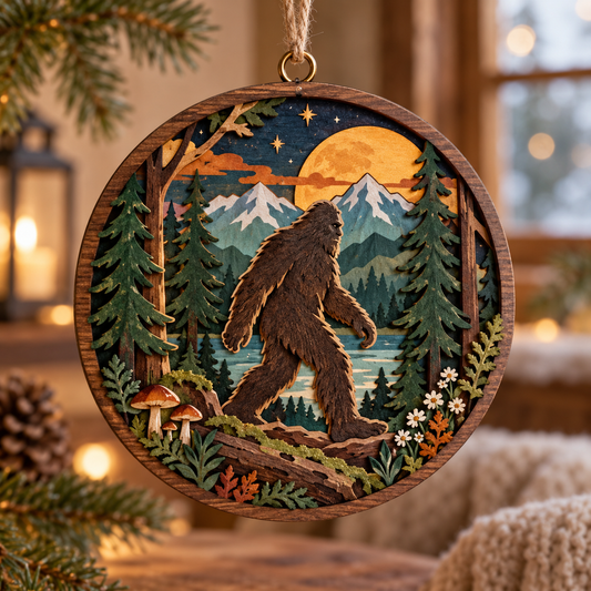 Bigfoot Moonlit Forest Wooden Hanging Ornament
