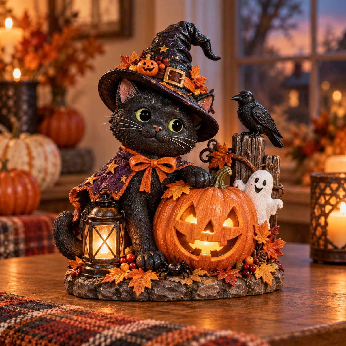 Enchanted Halloween Black Cat Lantern Figurine