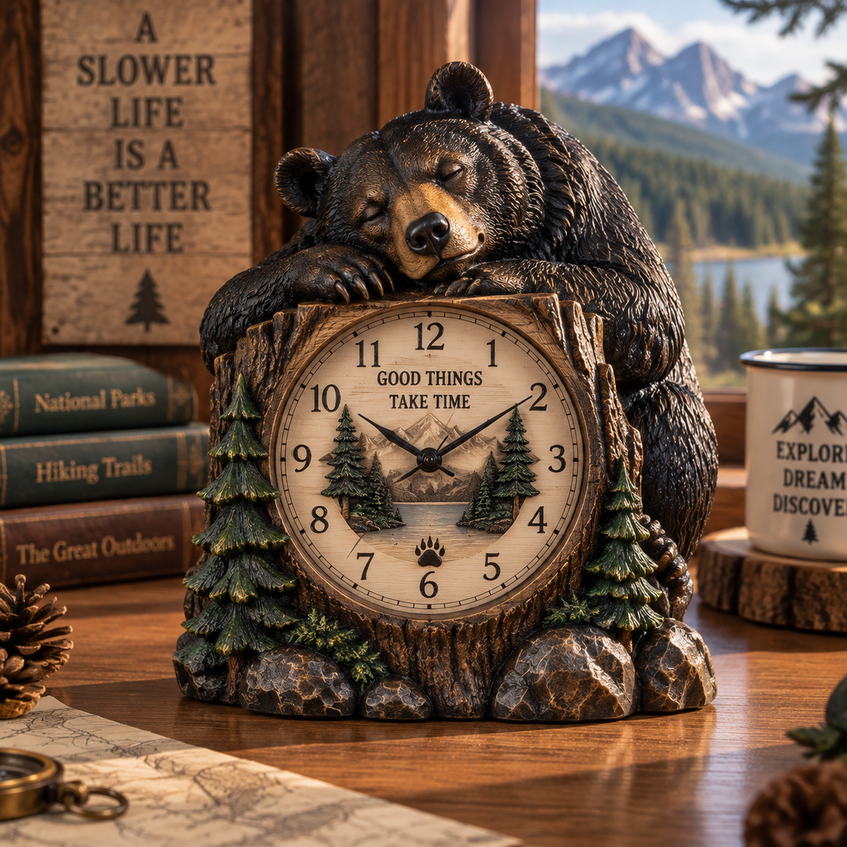 Woodland Bear Cabin Table Clock