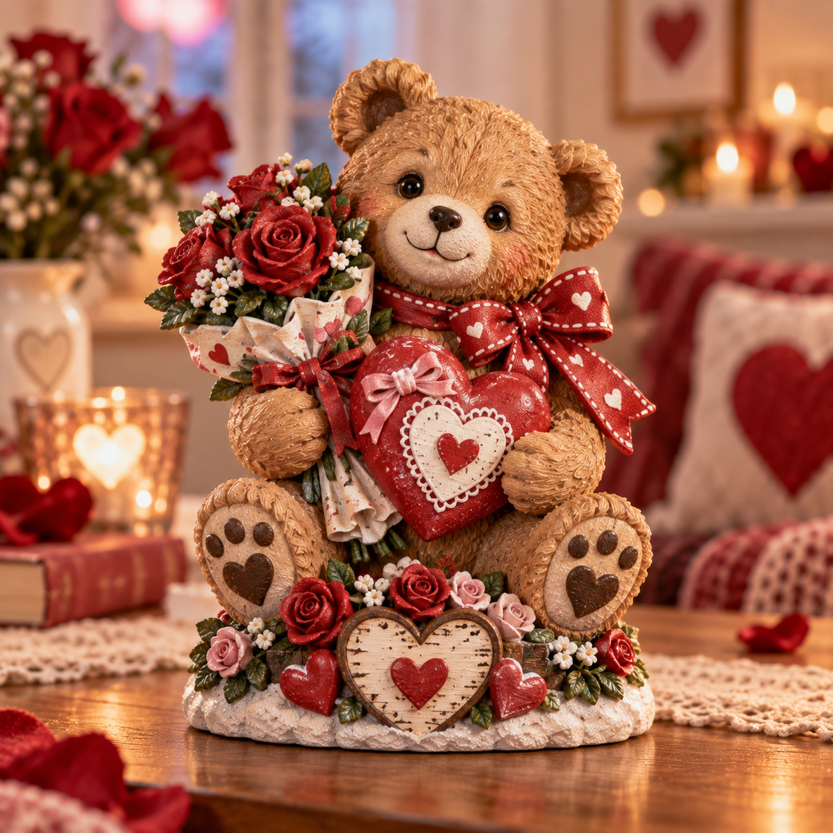 Valentine’s Teddy Bear Figurine with Rose Bouquet & Heart Accent