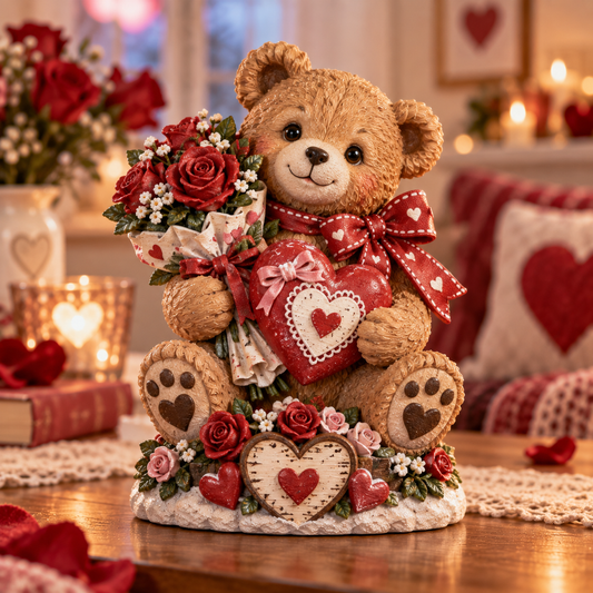 Valentine’s Teddy Bear Figurine with Rose Bouquet & Heart Accent