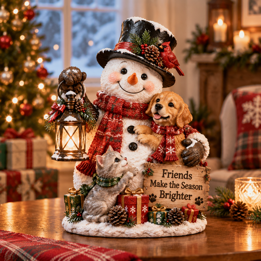 Snowman & Pets Festive Tabletop Figurine with Warm LED Lantern