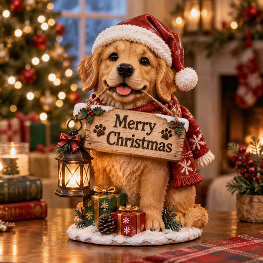 Cozy Christmas Puppy Lantern Figurine