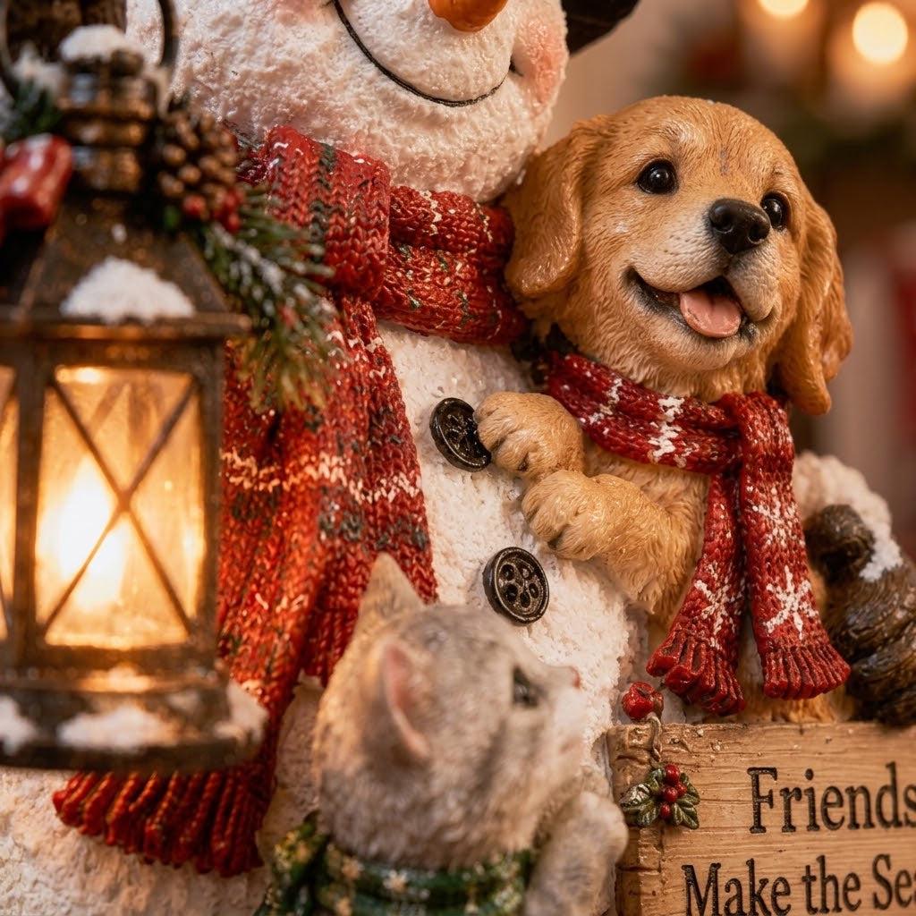 Snowman & Pets Festive Tabletop Figurine with Warm LED Lantern