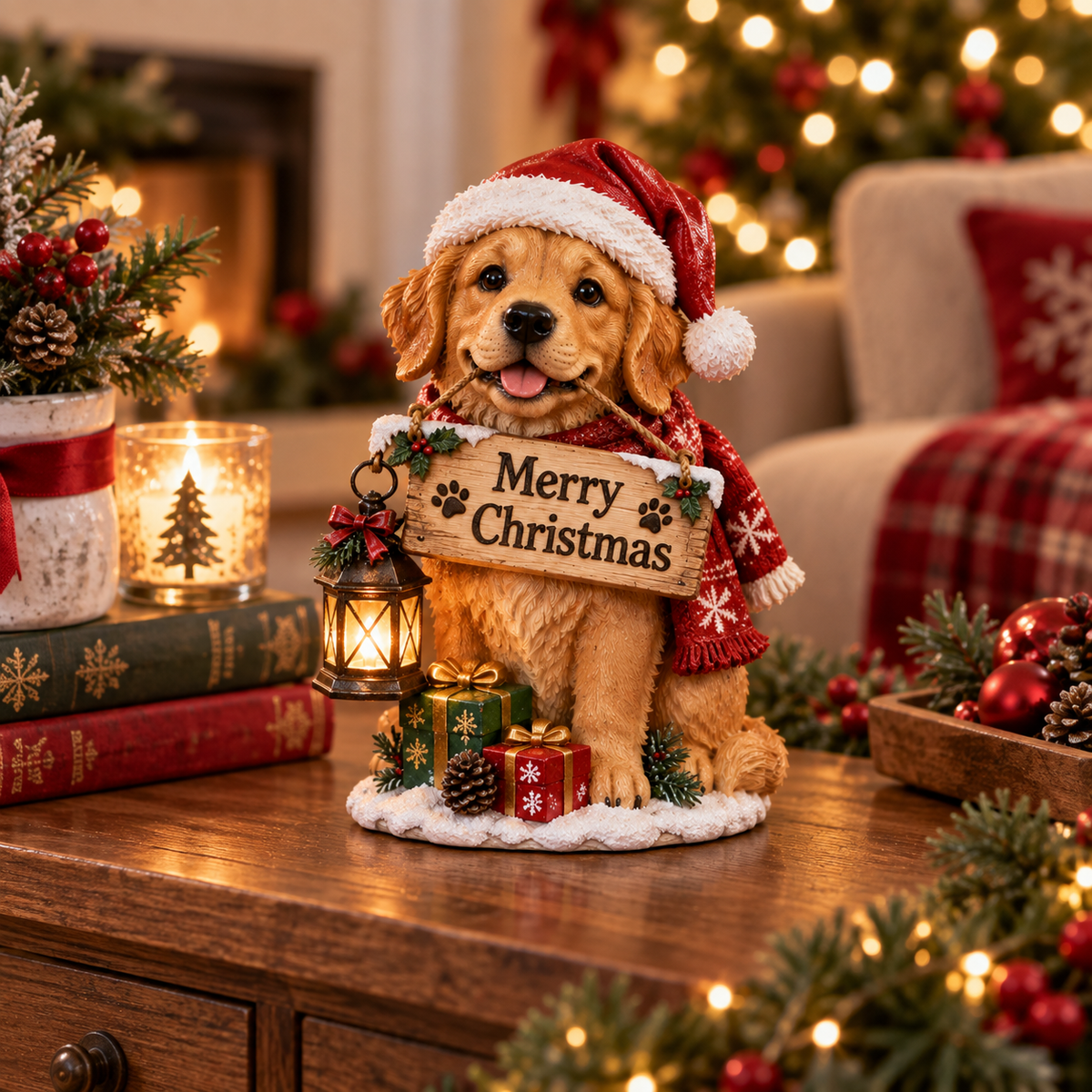 Cozy Christmas Puppy Lantern Figurine