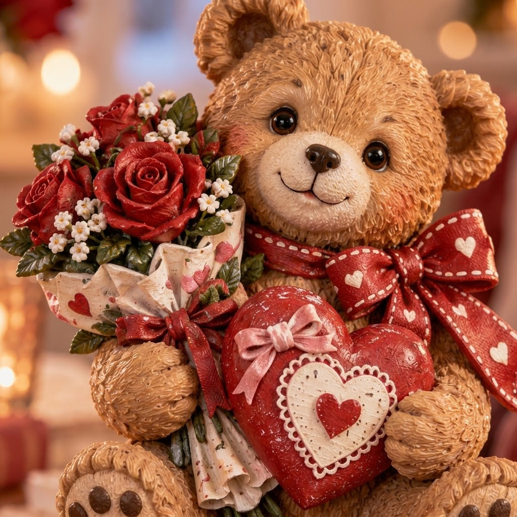 Valentine’s Teddy Bear Figurine with Rose Bouquet & Heart Accent