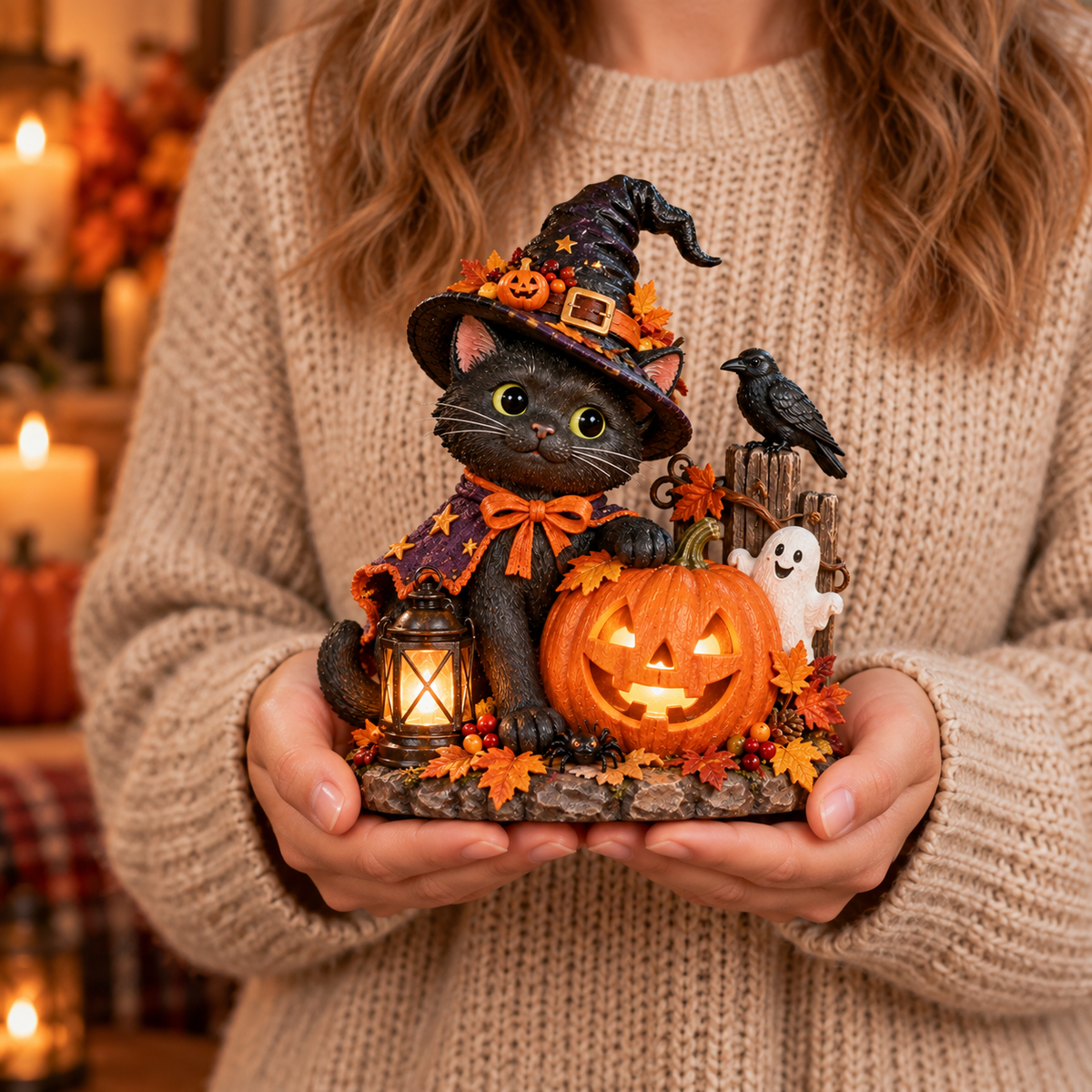 Enchanted Halloween Black Cat Lantern Figurine