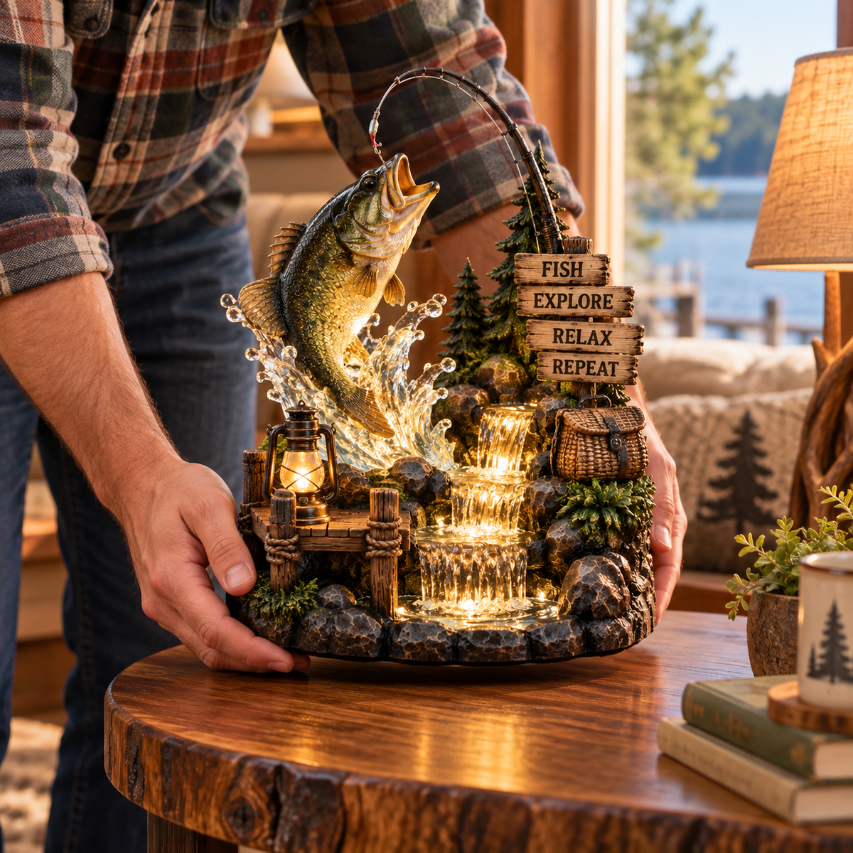 Lakeside Fishing Waterfall Light Décor