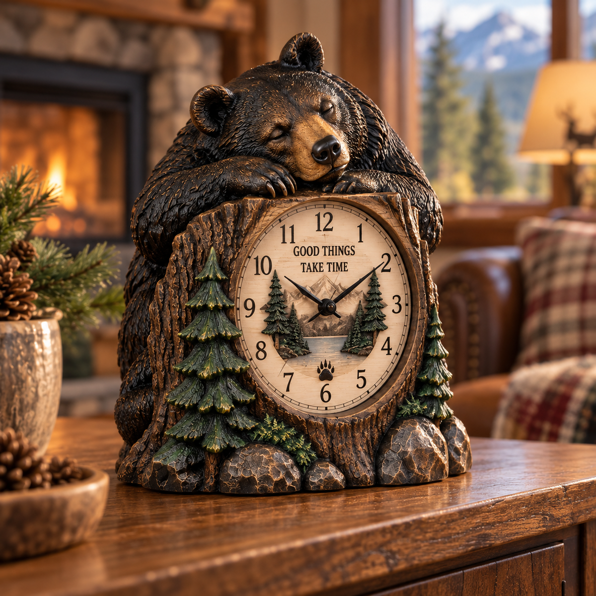 Woodland Bear Cabin Table Clock