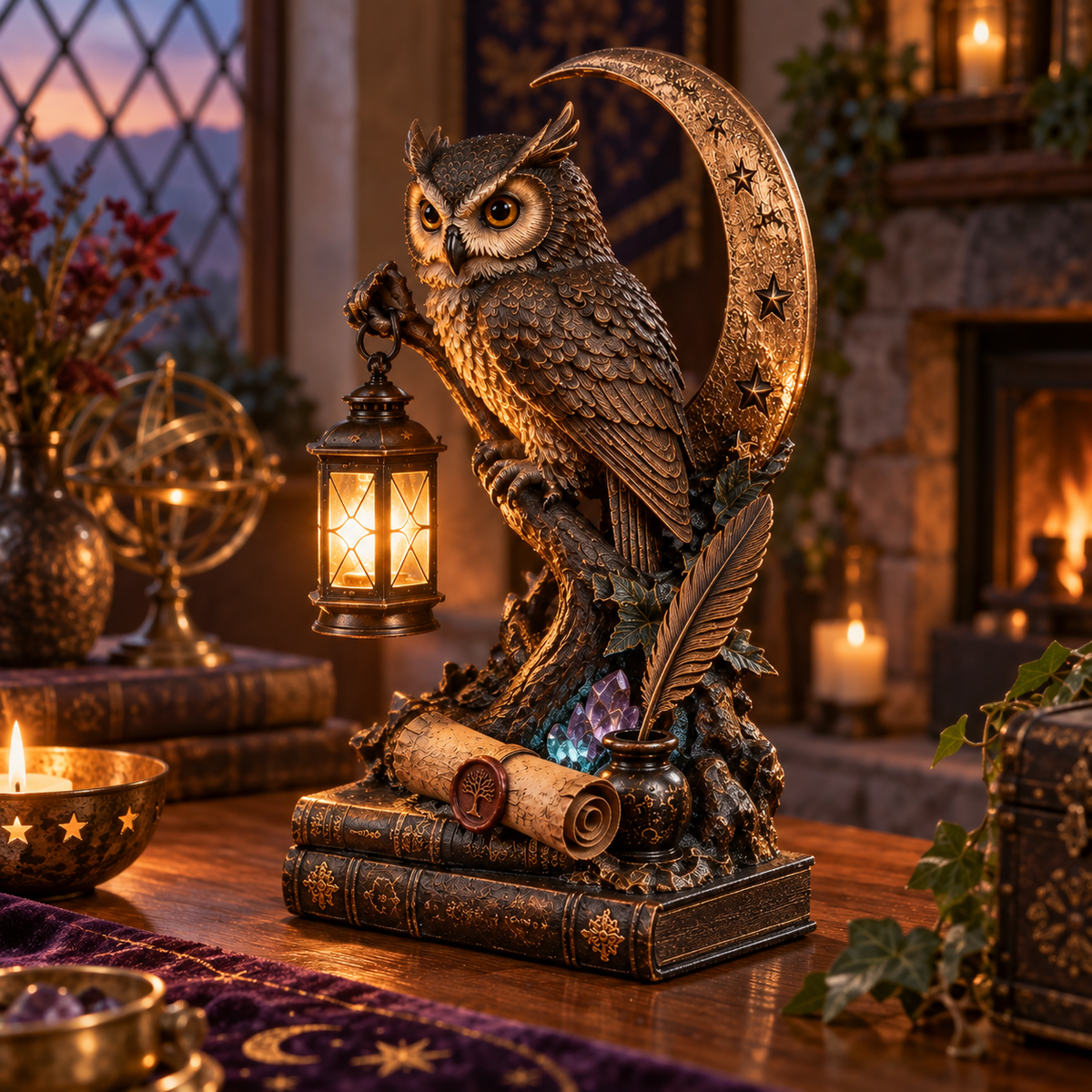 Enchanted Owl Lantern Moonlight Statue