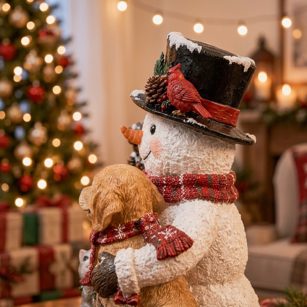 Snowman & Pets Festive Tabletop Figurine with Warm LED Lantern
