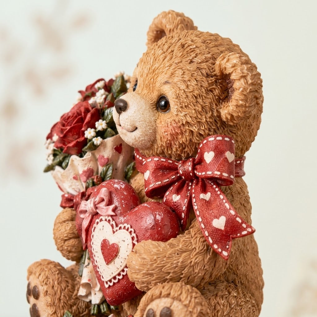 Valentine’s Teddy Bear Figurine with Rose Bouquet & Heart Accent