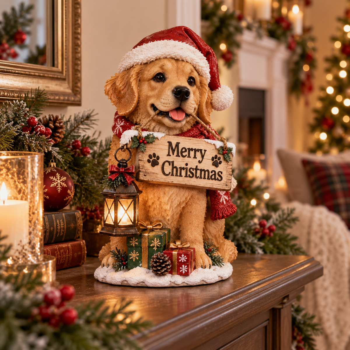 Cozy Christmas Puppy Lantern Figurine
