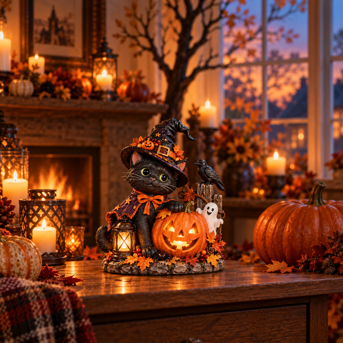 Enchanted Halloween Black Cat Lantern Figurine