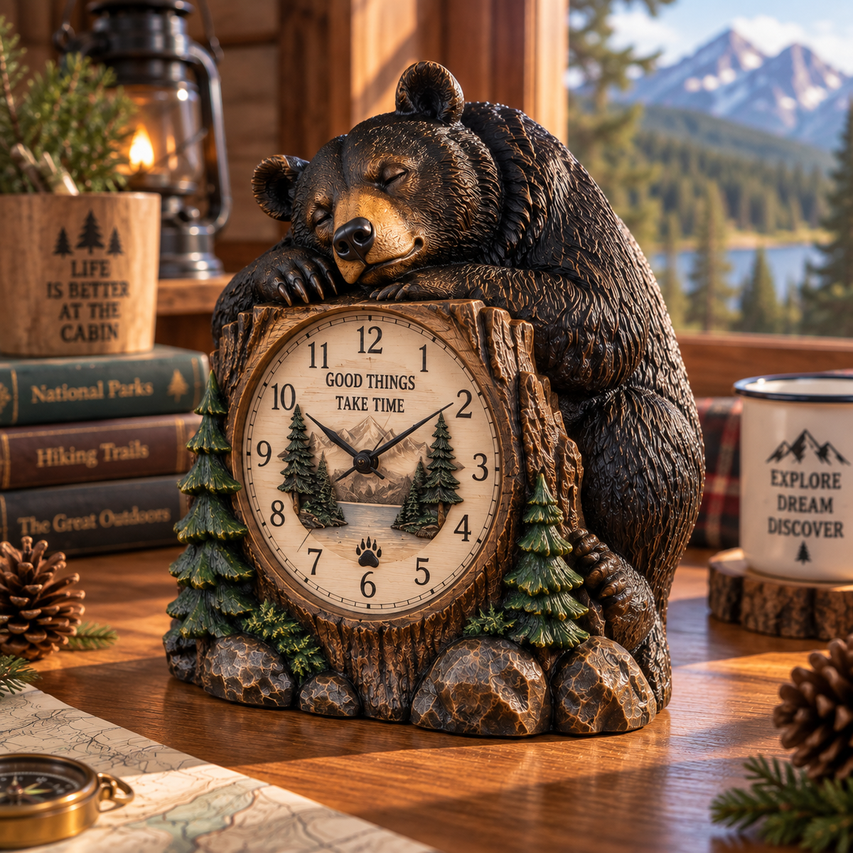 Woodland Bear Cabin Table Clock