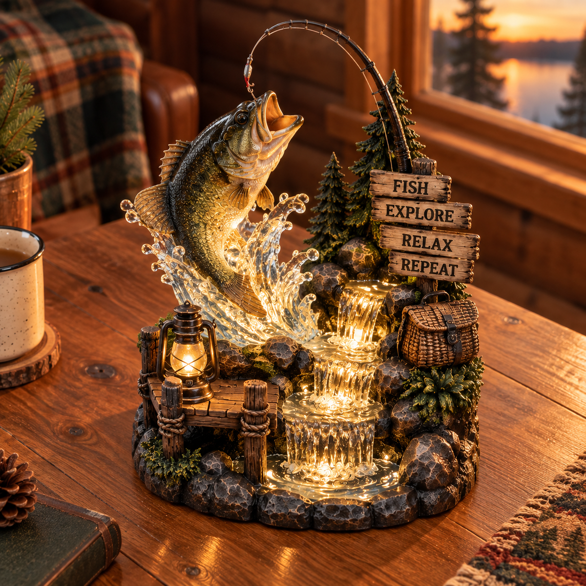 Lakeside Fishing Waterfall Light Décor