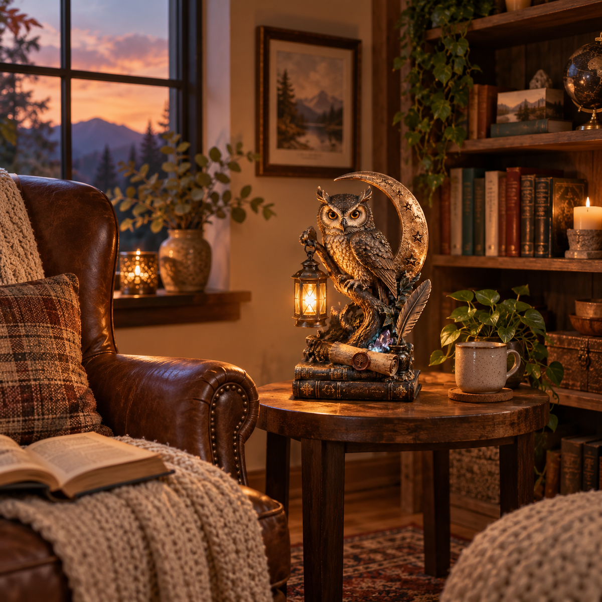 Enchanted Owl Lantern Moonlight Statue