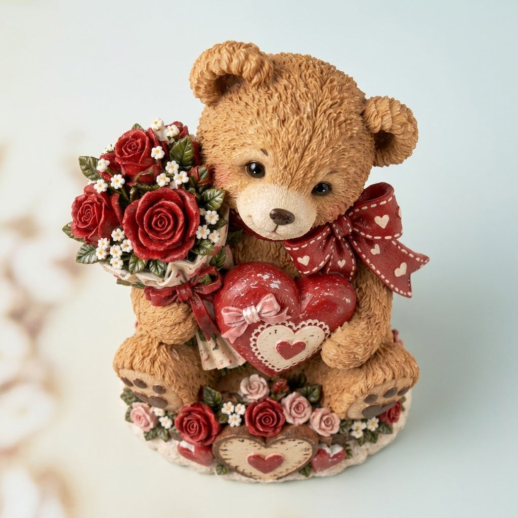 Valentine’s Teddy Bear Figurine with Rose Bouquet & Heart Accent