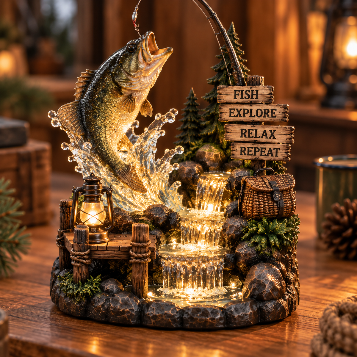 Lakeside Fishing Waterfall Light Décor
