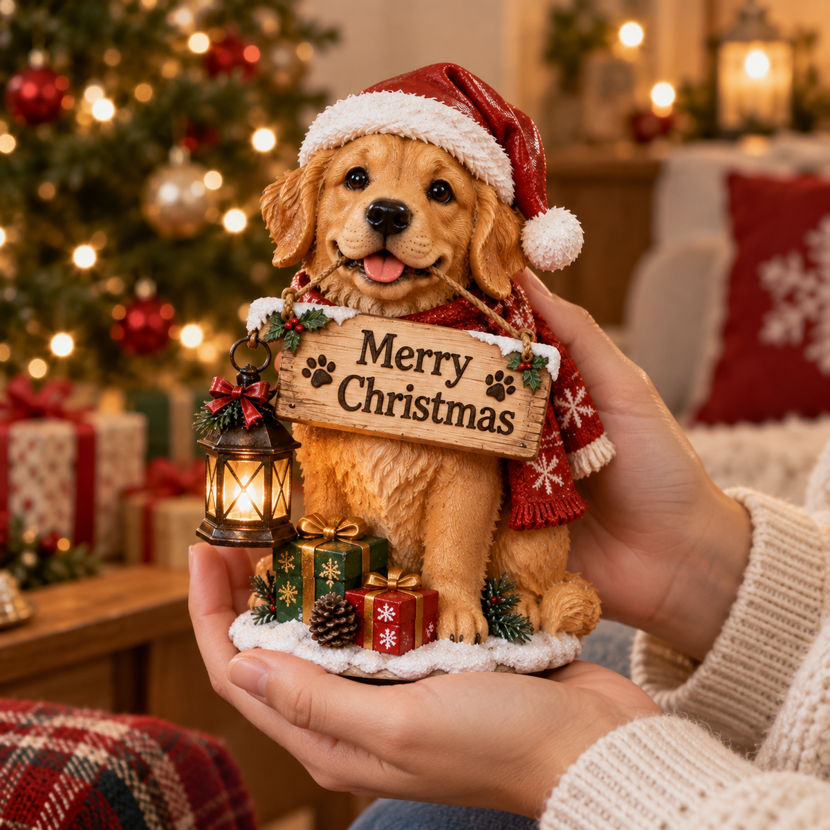 Cozy Christmas Puppy Lantern Figurine