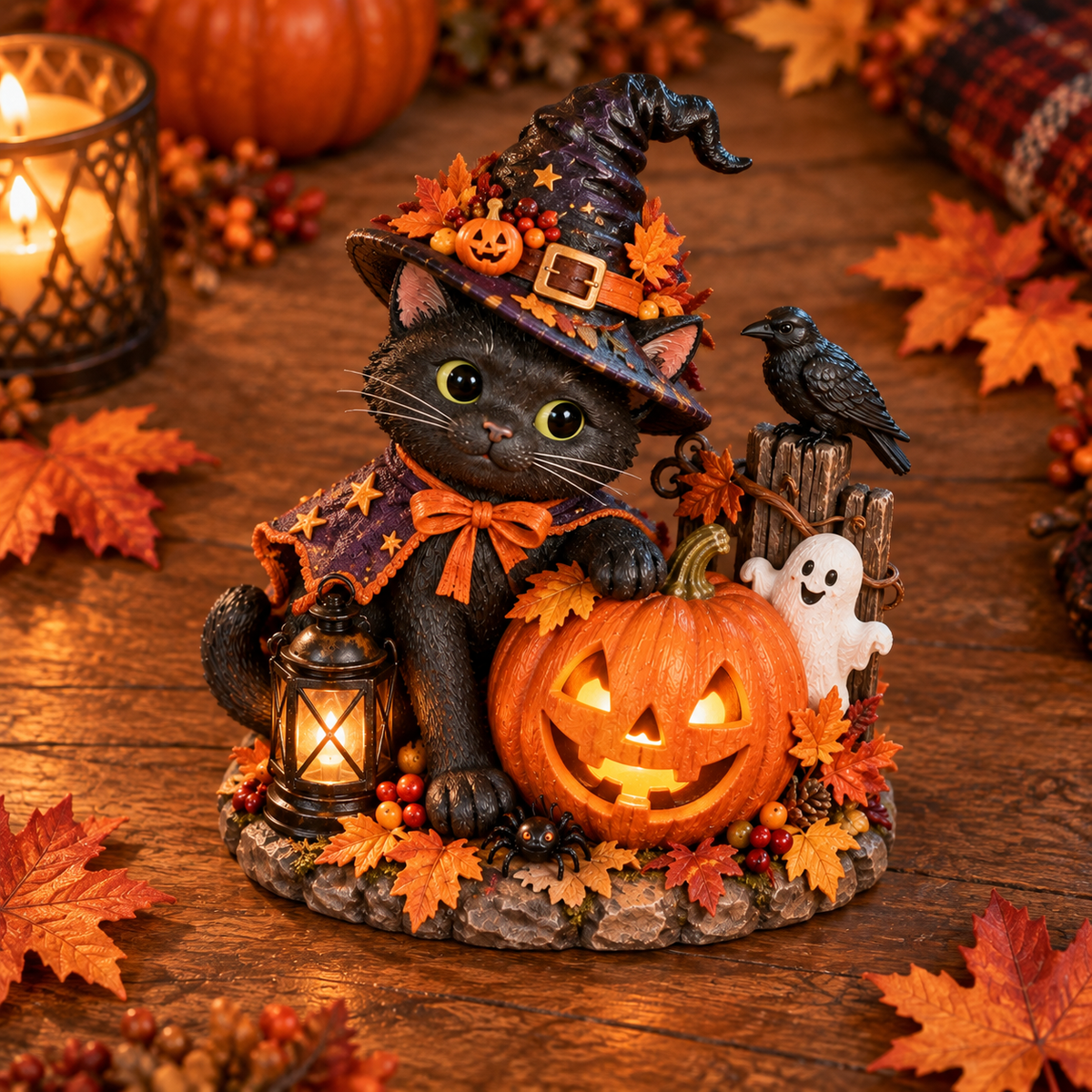 Enchanted Halloween Black Cat Lantern Figurine