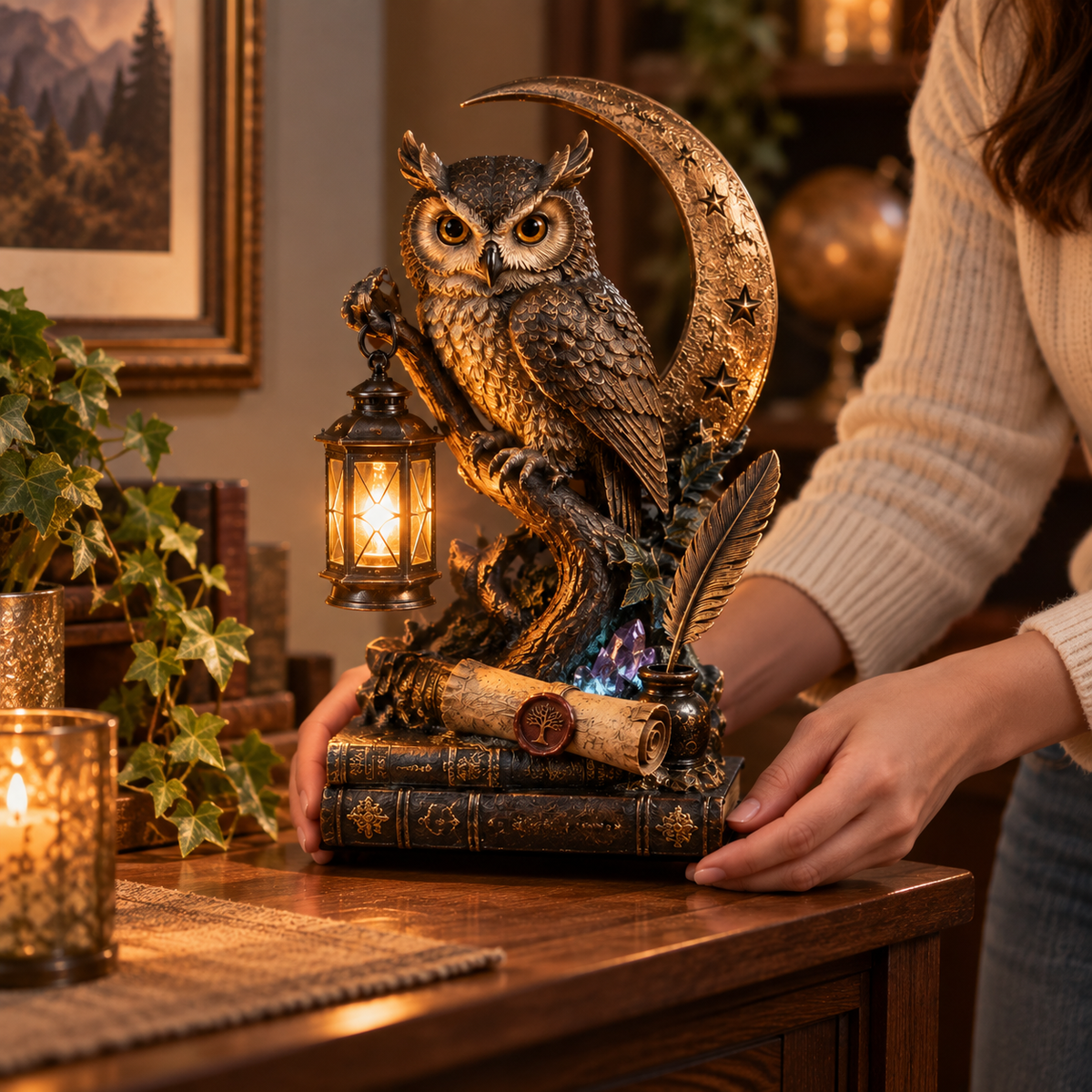 Enchanted Owl Lantern Moonlight Statue