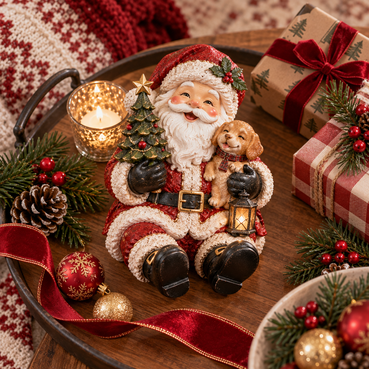 Cozy Christmas Santa Puppy Keepsake Figurine