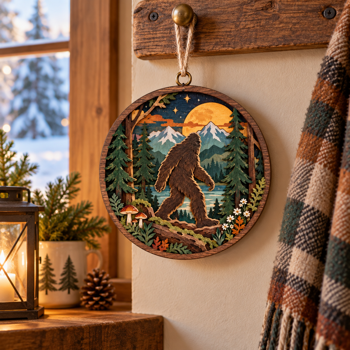 Bigfoot Moonlit Forest Wooden Hanging Ornament