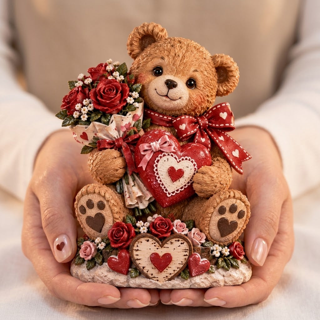 Valentine’s Teddy Bear Figurine with Rose Bouquet & Heart Accent