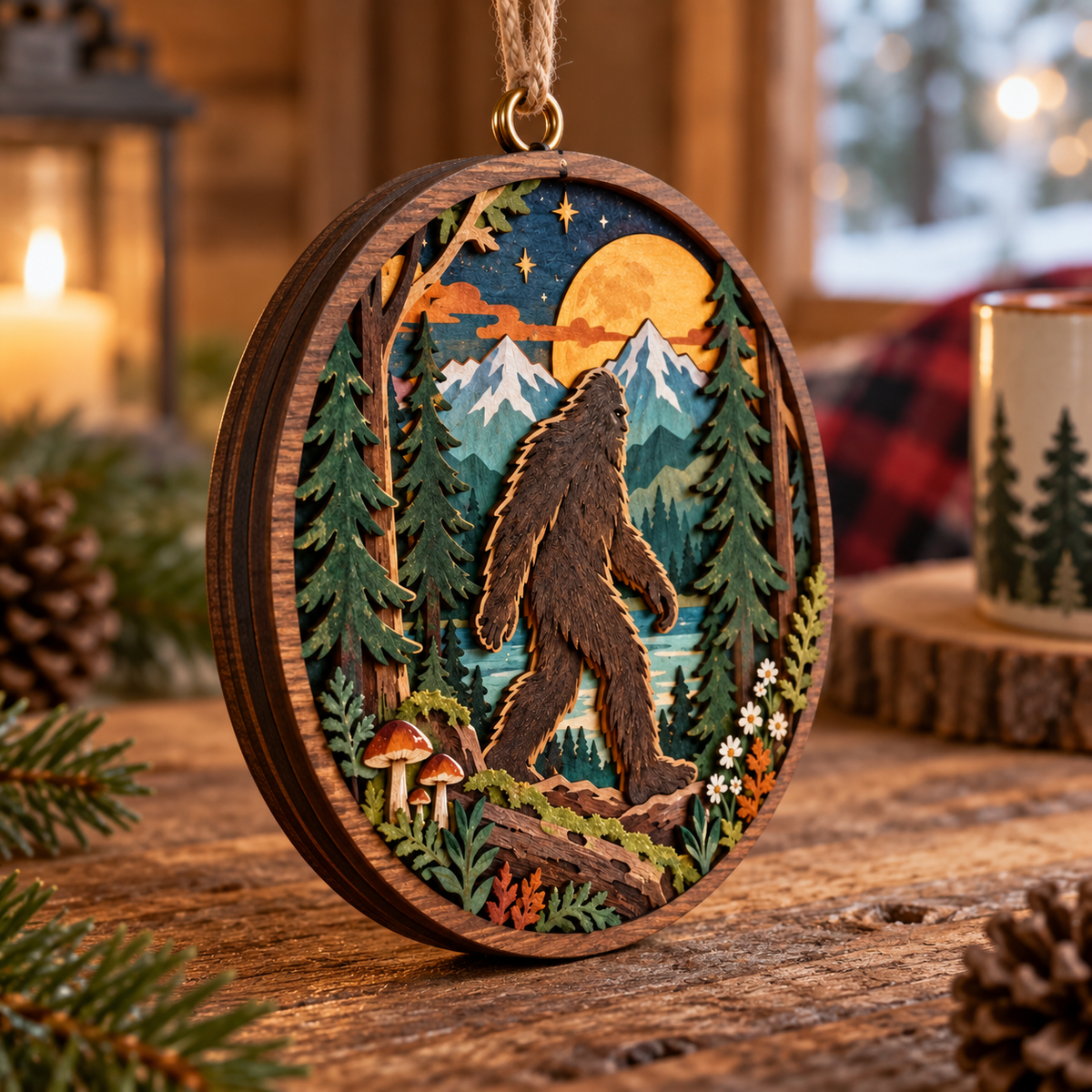 Bigfoot Moonlit Forest Wooden Hanging Ornament