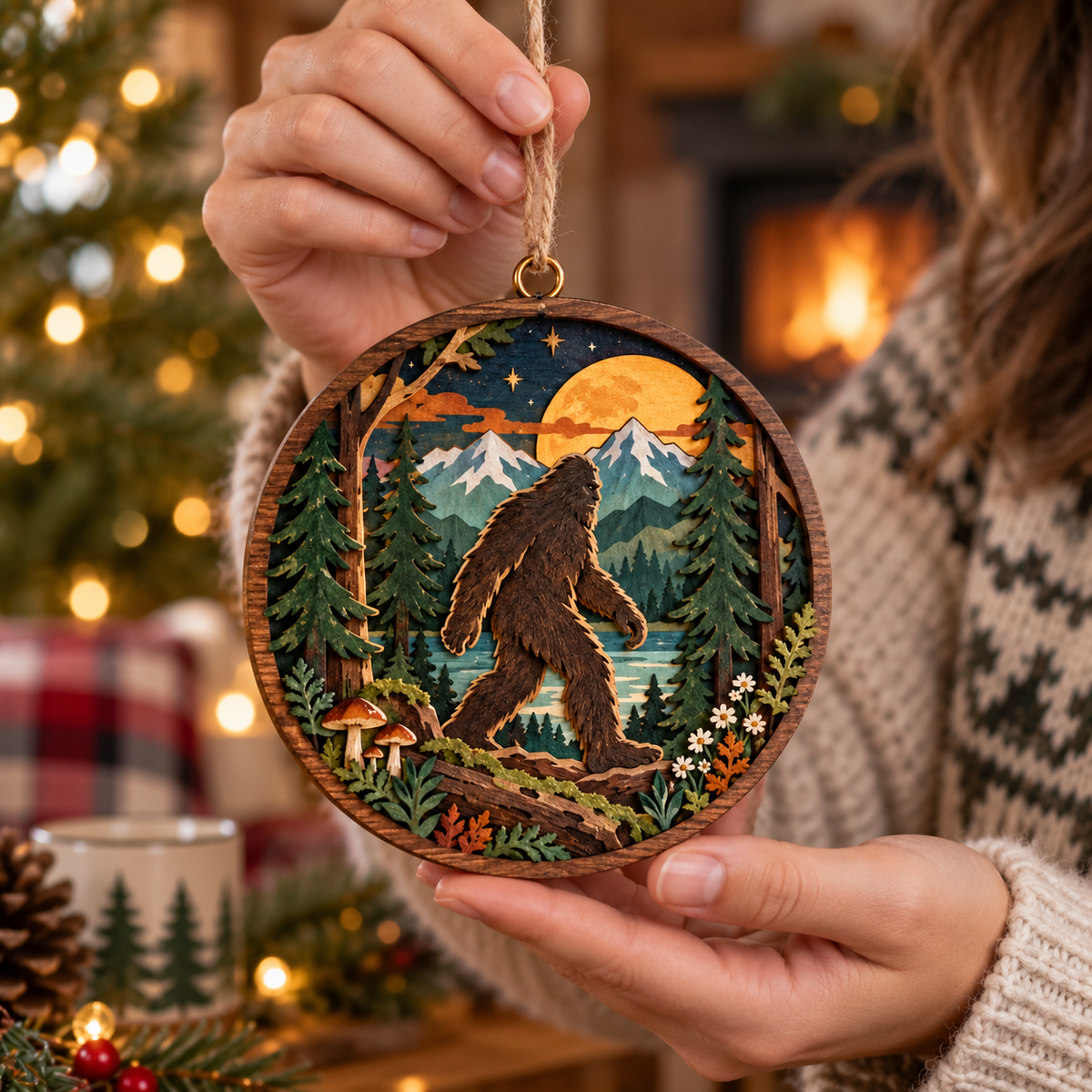 Bigfoot Moonlit Forest Wooden Hanging Ornament